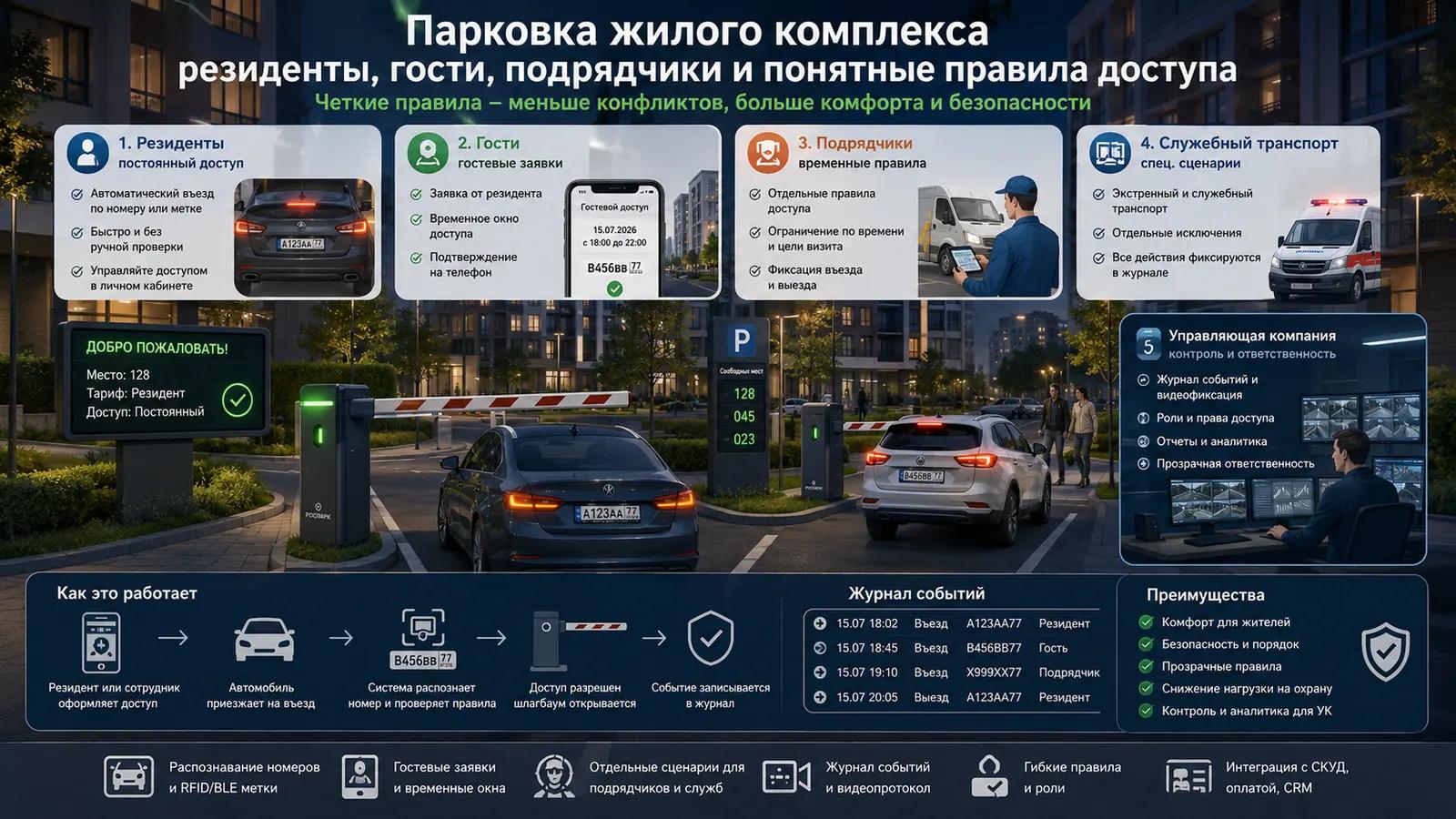 Парковка жилого комплекса: резиденты, гости, подрядчики и понятные правила доступа