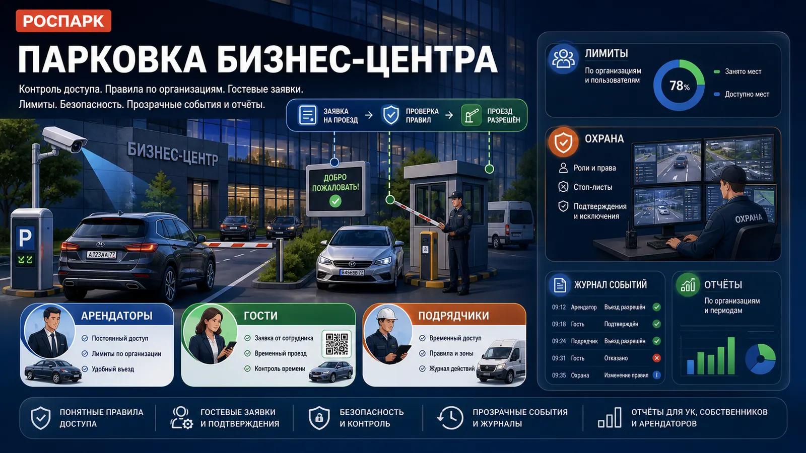 Инфографика РОСПАРК: автоматизация парковки бизнес-центра
